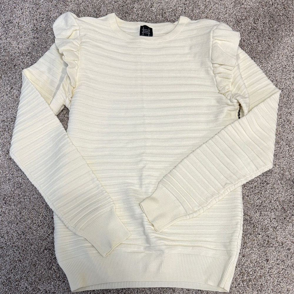 DNA couture Cream Ribbed Ruffle-Shoulder Sweater